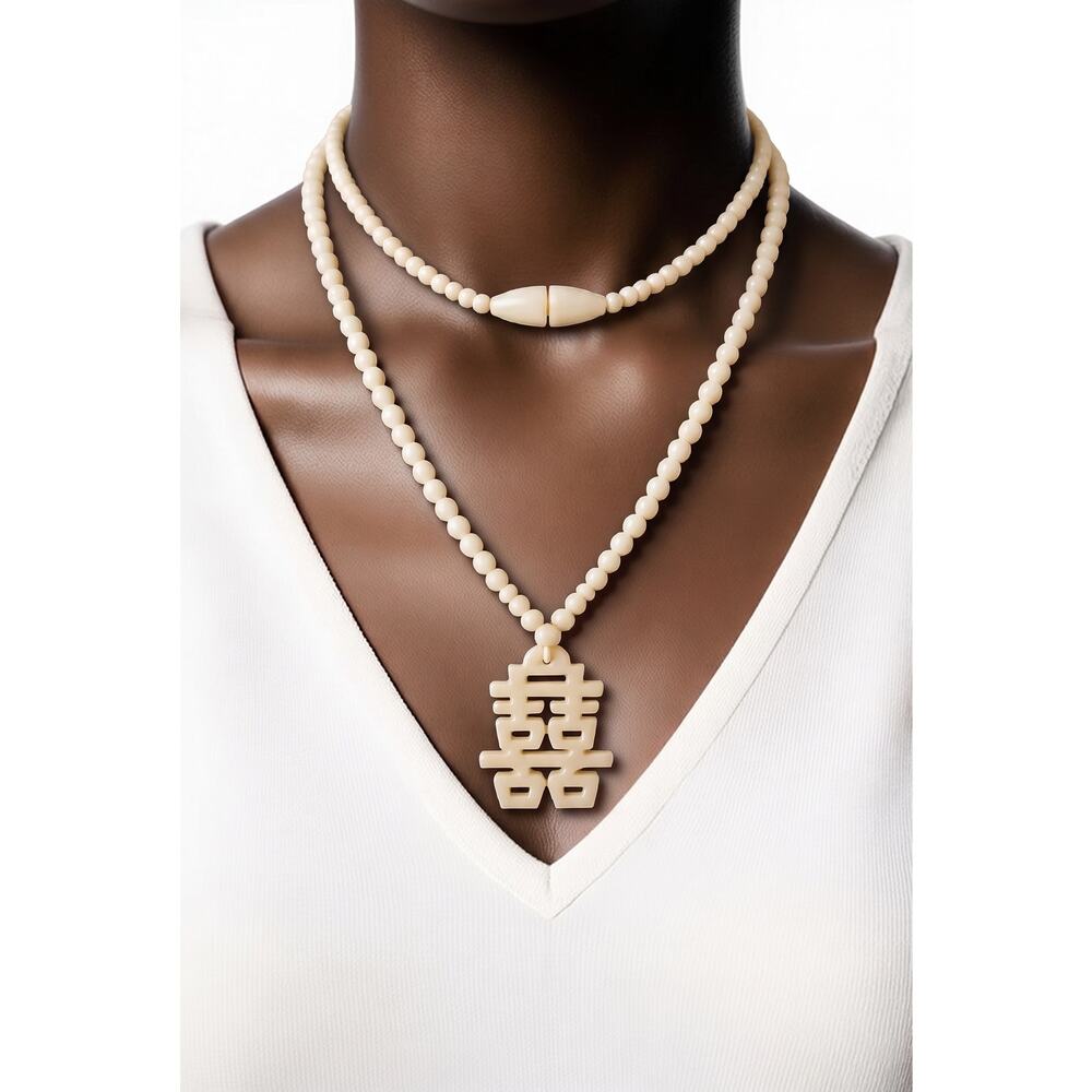 1970 s Vintage Hand-Carved Bovine Bone "Double Happiness" Beaded Necklace - Picture 2 of 2
